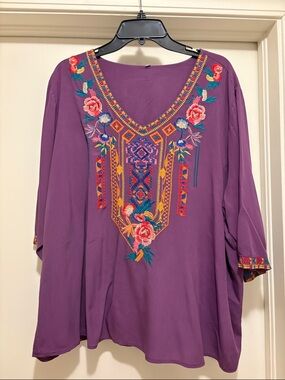 Embroidered V-Neck Boho Top - Purple